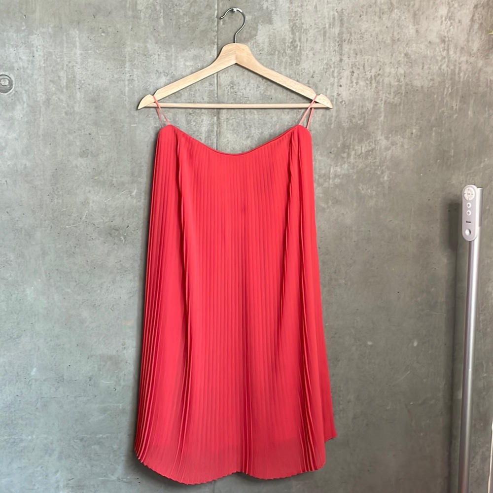 Peach pleated, strapless, mini cocktail dress